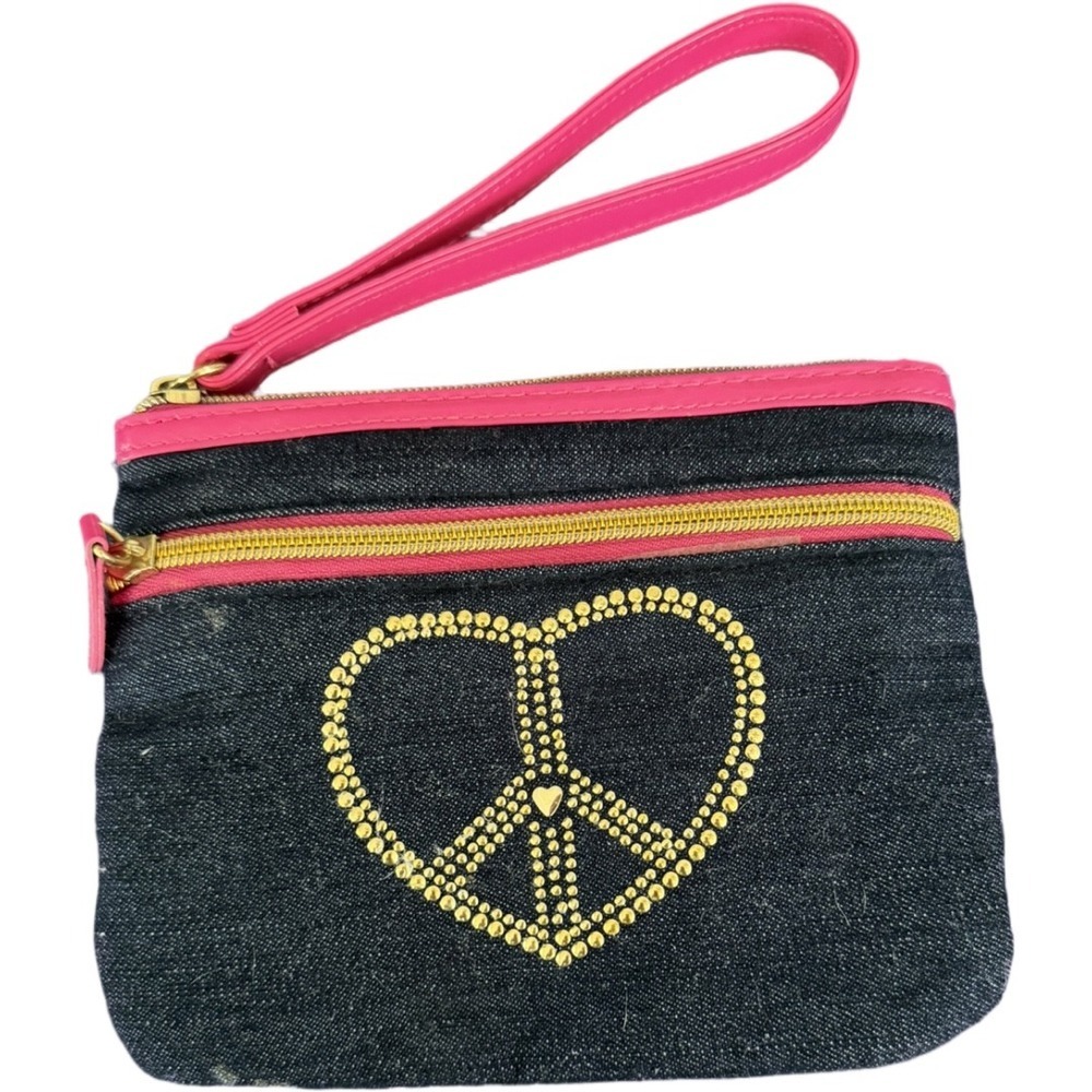 Modella Glam Wristlet Denim Pink Trim Peace Sign 2 Zip Cosmetic Bag Y2K Heart